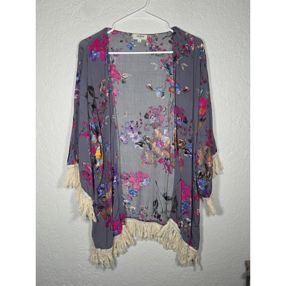 Women's Umgee Cardigan Size L Floral Short Sleeve Open Front Tussle BOHO